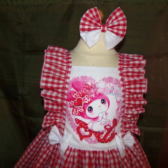 Hello Kitty Gingham fabric Girl Dress and Bow Size 4t NEW - Picture 2 of 8